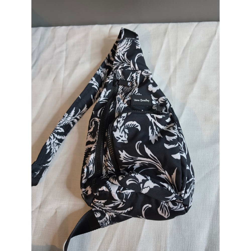 Vera Bradley Reactive Sling Backpack Black White Floral Tropical Crossbody Bag